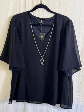 NWT JM Collection Black Sheer Overlay Lined Short Sleeve Chiffon Blouse Size XL